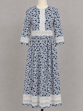 Loretta Caponi Dress S Blue Floral 3/4 Sleeve Cotton Midi Crochet Fit Flare